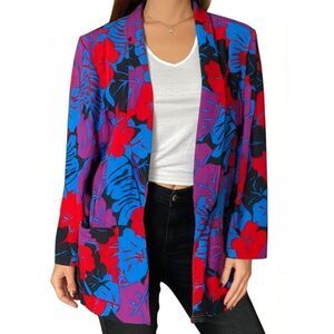 Vintage 80s City Girl Black Red Blue Purple Vibrant Tropical Floral Blazer 7/8